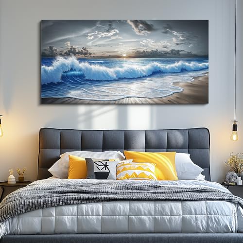 PHAOHUAXM Wall Decor For Living Room Wall Art For Bedroom Office Restaurant Decoration Black White And Blue Ocean Wave Landscape Painting Canvas Pictures Printing Artworks Modern Home Decor 20"X40"