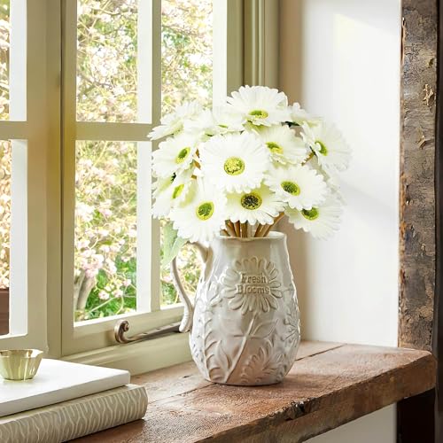 Image of CURATED CART Gerbera Daisy Flowers - Pack of 5 White Faux Blooms, 30cm Tall | Real Touch PU Petals with Bendable Green Stems | Artificial Flower Bouquet for Home, Kitchen, Office (White) (No Vase)