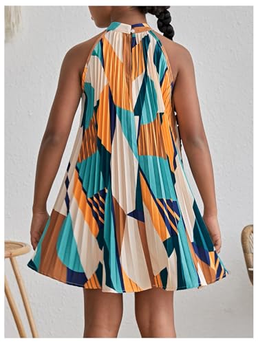 Floerns Girl's Summer Geometric Print Sleeveless Halter Neck Pleated Dress A Line Flowy Short Dress2