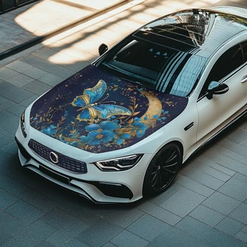 Image of Bulopur Blue Butterfly Car Hood Cover Easy to Install Car Hood Cover Protector Elastic Fabrics Can be Washed Stretch Polyester Fabric Cover Personalized Suitable for Cars