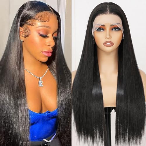 CLIONE Synthetic Lace Front Wig 13X4X1 HD Lace Front Wigs Pre-Plucked Long Straight Black Glueless Wigs for Black Women 24 Inch T Part Synthetic Wig Ready to Wear Wigs Beginner Friendly 2#