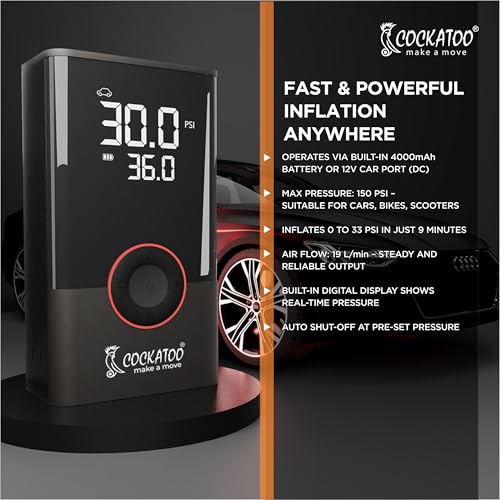 Image of Cockatoo ATJ-005 Tyre inflator Portable Air Compressor Pump with LED Display, 80W Power, 2x2000mAh Battery, Fast Inflation, Tire Pressure Monitoring, Lighting, SOS, and USB Charging