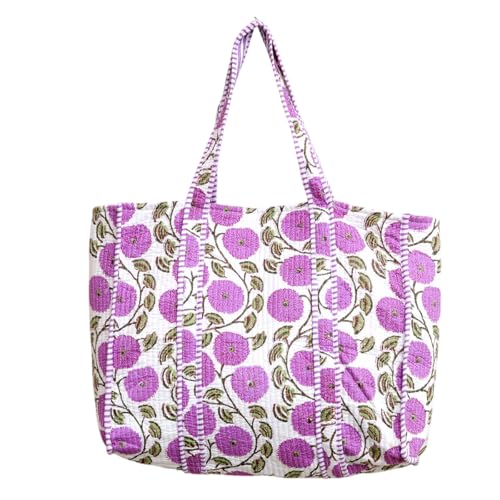 Image of YILLE Cotton Quilted Floral & Tiger Print Tote Bag, 18 x 18 inches For Grocery Shopping, Travel