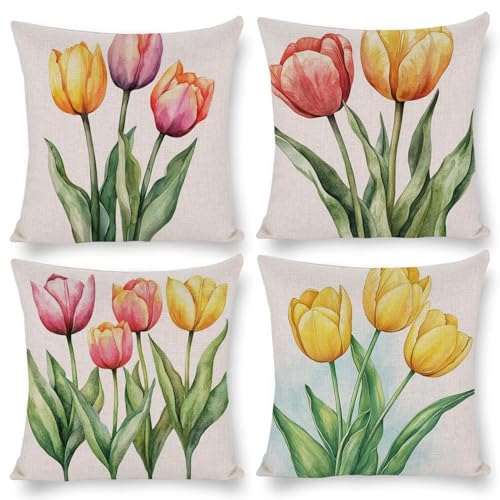クッションカバー 4枚セット 35x35cm 正方形 おしゃれ かわいい 北欧 隠しファスナー ビロード ソファ背当て 装飾枕カバー 座布団カバー 家庭装飾 車 椅子 飾り 四季通用 インテリア 女性 祝日のプレゼント (チューリップ) q-767