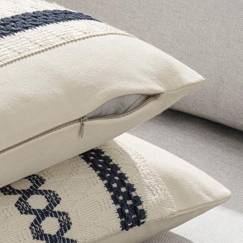 Image of MIULEE Set of 2 Navy Blue Boho Decorative Lumbar Pillow Covers 12x20 Inch | Farmhouse Couch Throw Pillows Modern Cotton Cushion Covers Macrame Woven Spring Decor for Bed Sofa Chair