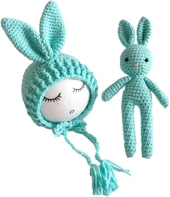 Newborn Baby Crochet Knit Costume Photography Prop Baby Bunny Hat and Doll Set