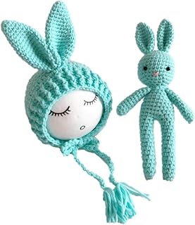 Easter Bunny Hat and Doll Set Newborn Baby Crochet Costume Photography Prop Baby Bunny Hat and Doll Set (Blue)
