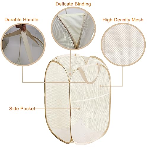 Aplter Pop Up Laundry Basket Folding Laundry Hamper Mesh Hamper Storage Bin for College Dorms, Travelling, Crusing, Camping, Beige
