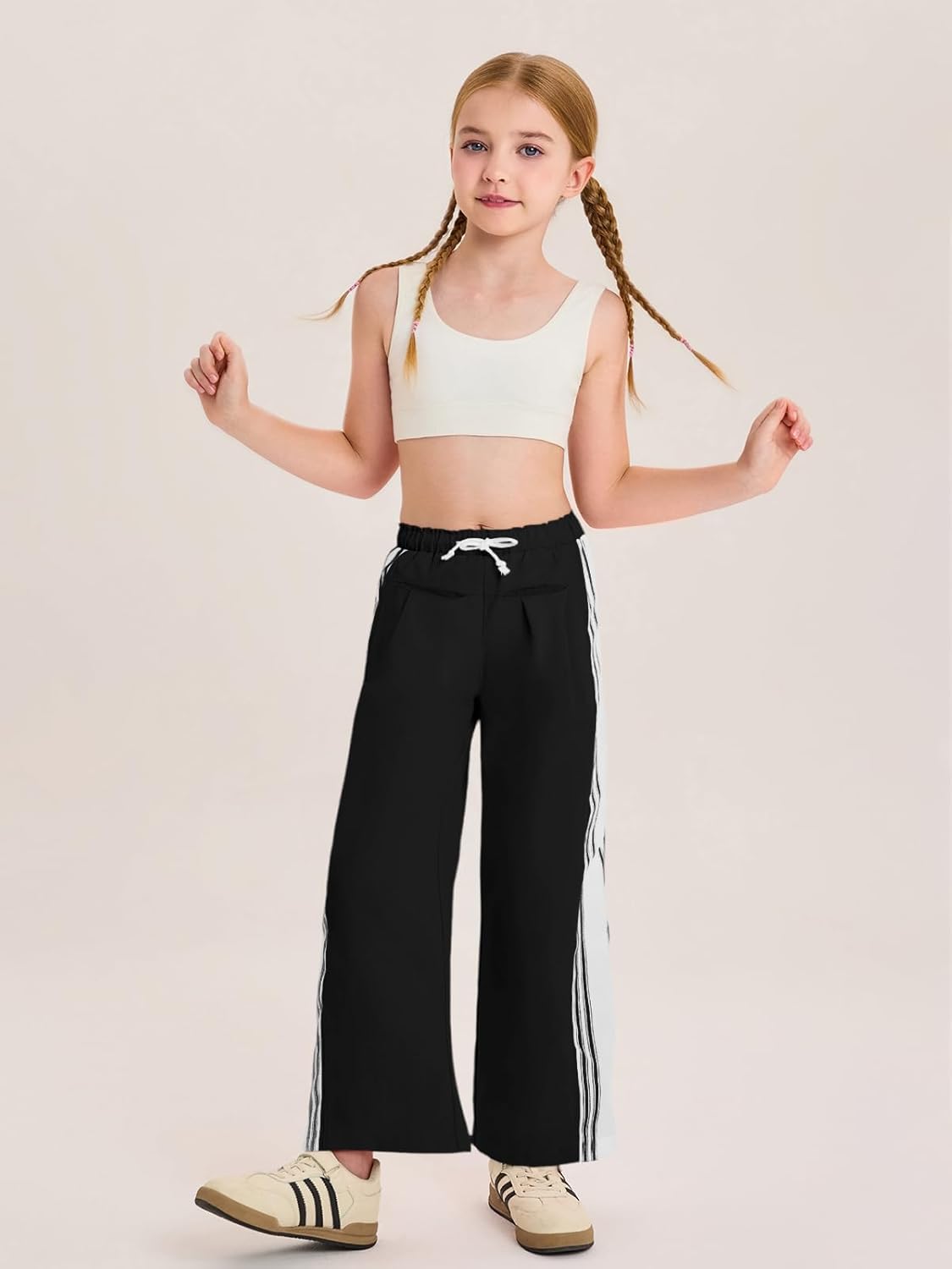 Haloumoning Girls Wide Leg Pants Elastic Waist Palazzo Pants Striped Lightweight Baggy Track Pant 5-14 Years - Image 3