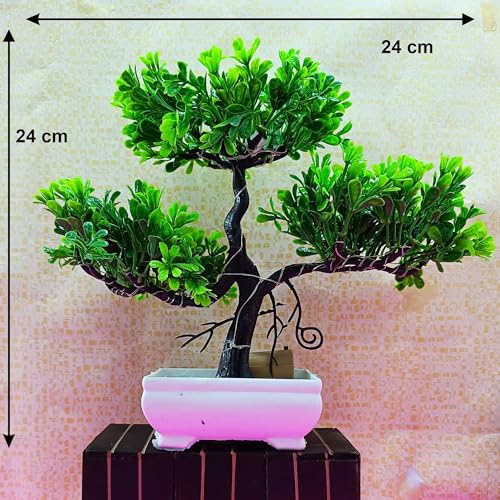 Image of Artificial LED Bonsai Plat with Lush Colorful Foliage in Elegant Plastic Pot | Artificial Plants with Pot | Fake Bonsai Tree | Home Decor Items (Green, 24cm)