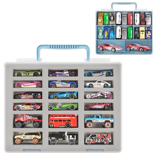 Estojo de armazenamento de carro de brinquedo de camada dupla compatível com carros Hot Wheels, caixa de exibição transparente portátil com 18 compartimentos e 8 compartimentos para carros de