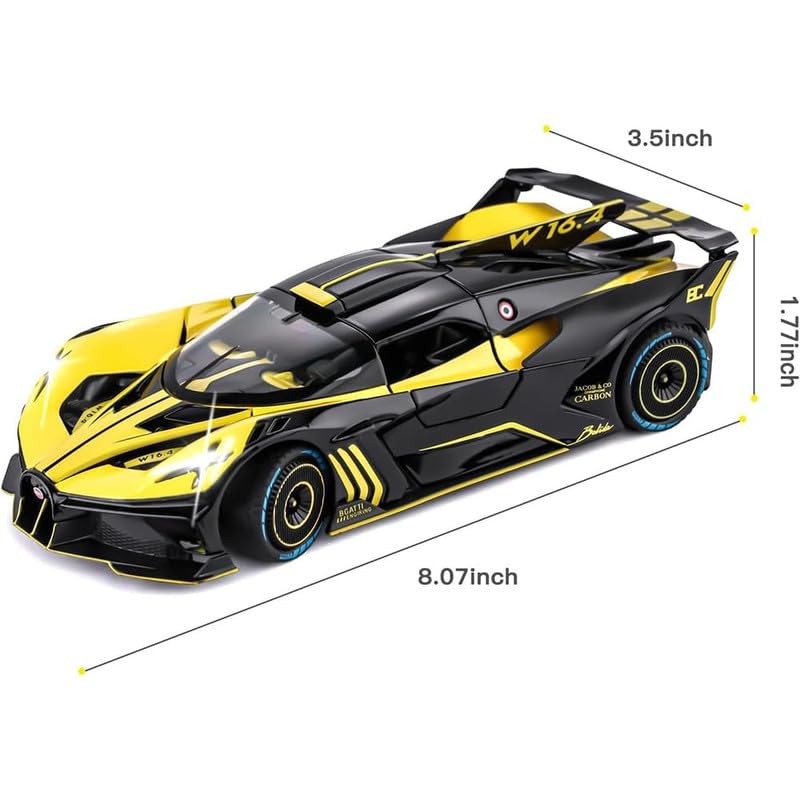 Image of Kids Model 1:24 Big Bugadi Bolide Die Cast Metal Car Pull Back Action Opening Doors with Realistic Engine Sound Lights Toy Car Gift for Boys - Yellow