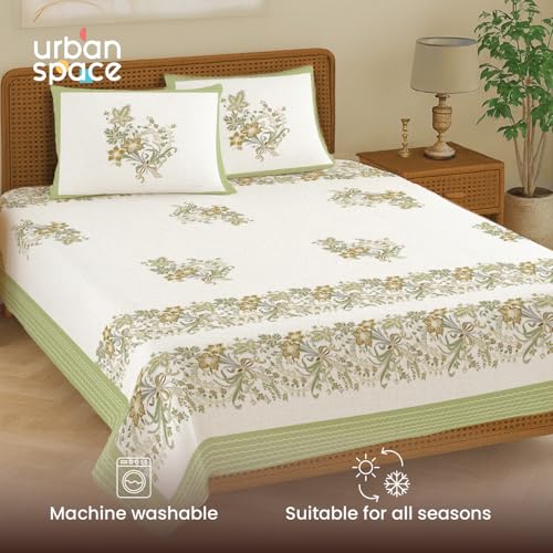 Image of Urban Space 100% Cotton Jaipuri Handblock Printed King Bedsheet with 2 Pillow Covers, 200 TC Cotton King Bed Sheet (Size 108 x 108 inches, Taarini Green)