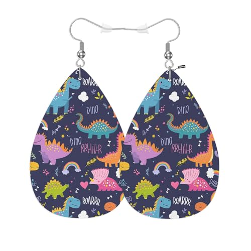 Vosach Dinosaur Leather Earrings For Women Cartoon Jungle Dinosaurs Rainbow Pattern Lightweight Water Drop Earrings Fashion Jewelry Teardrop Earrings For Friends