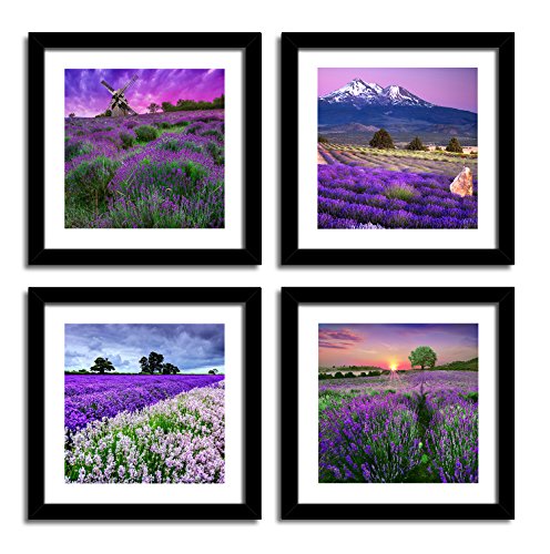 sunfrower Violet Lavender Wall Art Dercor Print Painting Romantic Dusk Picture Purple Warm Poster for Living Room Decoration Scenery On Canvas Framed 12inches x 12inches x 4Panel