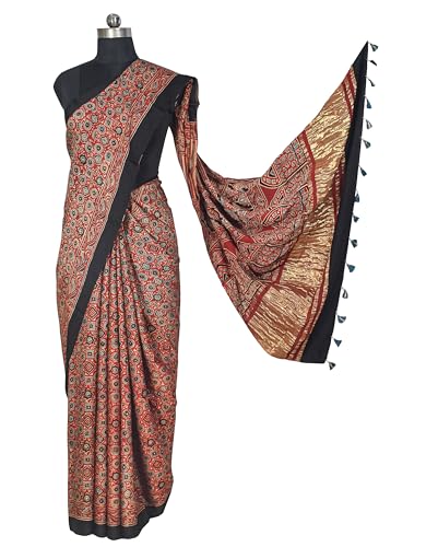 Image of Ethnics of Kutch Womens Ajrakh Modal Silk Natural Dye Golden Border Hand Block Print Saree with Blouse Piece - 5.5 Mtr Length (Red 05C01D)