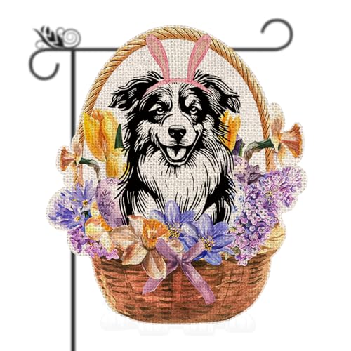 Australian Shepherd Easter Garden Flag - Happy Dog Easter Cute Burlap Double Sided Vertical Holiday Spring Yard Outdoor Decor 12.5 x 18 Inch
