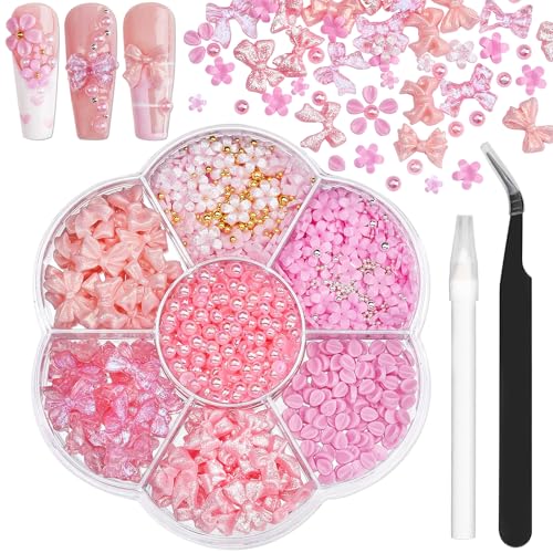 420PCS Bow & Flower Nail Charms Kit with Half Pearls Resin Pink Bows Charms