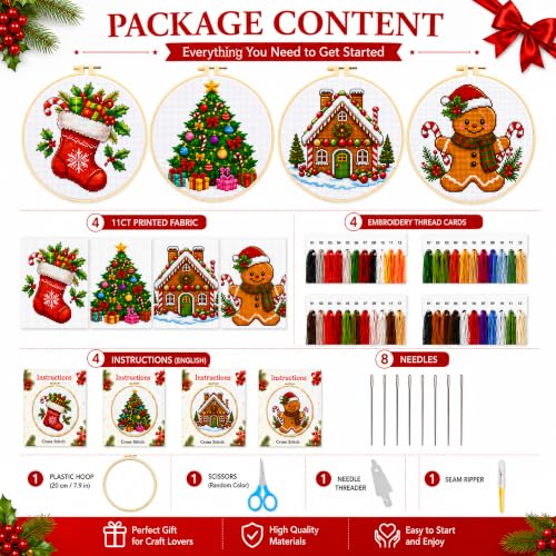 Image of Zhenqing 4 Christmas Cross Stitch Kit, 11CT Stamped Holiday Set | 4 festive 11CT printed designs with 30% extra floss, tools, English guides, and stiffened fabric for hoop-free stitching.