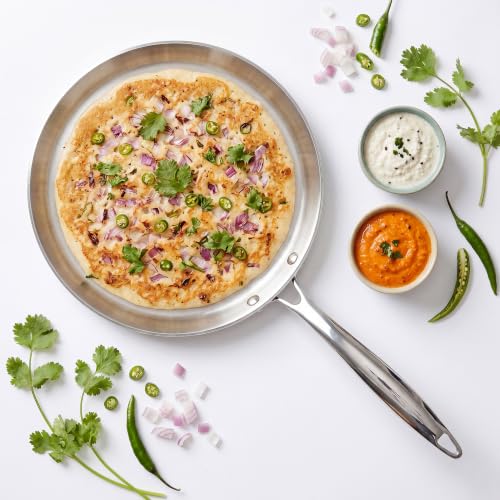 Image of HORNBILLS Tri-Ply Stainless Steel Dosa & Roti Tawa | 28 cm, 4 mm Thick Heavy Bottom | for Dosa, Roti, Chapati, Paratha, Uttapam & Cheela | Gas & Induction Compatible | 5-Year Warranty