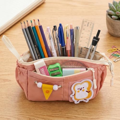 Image of Canvas School Bag Pencil Case, 3 Layer 6 Compartment Large Capacity, Aesthetic Pencil Pouch for Stationary, Cute Stationery for Kids, Pencil Case for Girls & Boys (Peach)