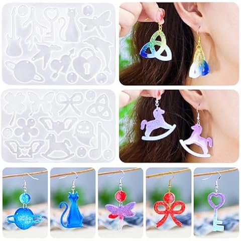 Zayookey 2 PCS Resin Earring Molds with hole Jewelry Molds for Epoxy Resin Variety Shape Pendant Silicone Molds for Necklace Keyring Resin Charms Cover