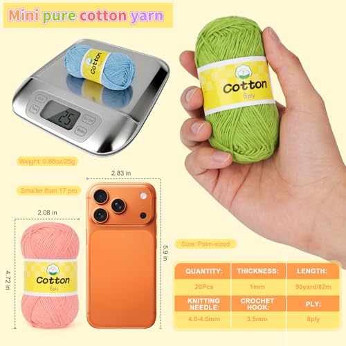 Image of Coopay Mini Soft Cotton Yarn for Crocheting - 20 Pack of 25g /0.88oz - #2 Sport Weight(Fine) - 90 Yards of Crochet Yarn for Beginners, Thin Colorful Yarns Set for Crafts, Starter Kit for Knitting