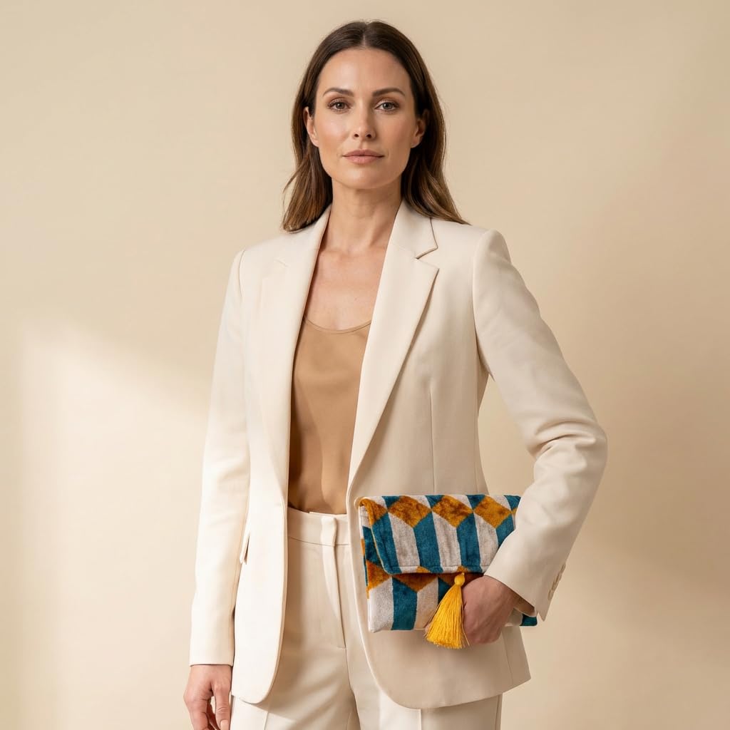 Pochette Ikat in velluto di seta fatta a mano, stile busta, design bohémien, motivo etnico, opzione cinturino a catena, pochette per feste serali, borsa premium, bianco sporco, turchese, oro