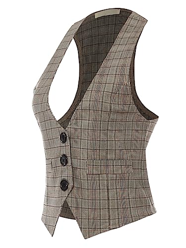 Design by Olivia Women's Racerback Plaid Vest Tuxedo Suit Waistcoat Brown Plaid 2XL - Thumbnail 2