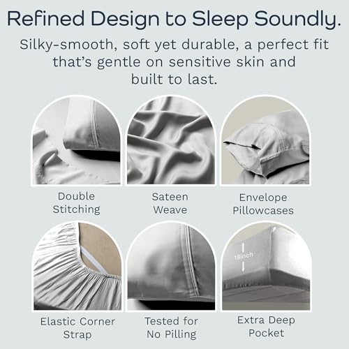 Image of Olive + Crate Tencel Lyocell Eucalyptus Sheets King Size - Cooling Tencel Sheets for Hot Sleepers with 18 Inch Deep Pocket Fit - Gray Mist 4-Piece Set