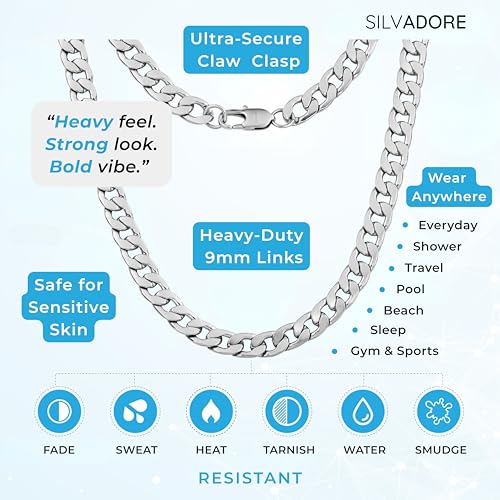Silvadore Silver Cuban Link Chain for Men Necklace (9mm) - 925 Silver Plated Stainless Steel Chain for Men - Thick, Flat, Non-Tarnish & Waterproof Jewelry - GIFT-READY - (18/20/22/24 inch)4