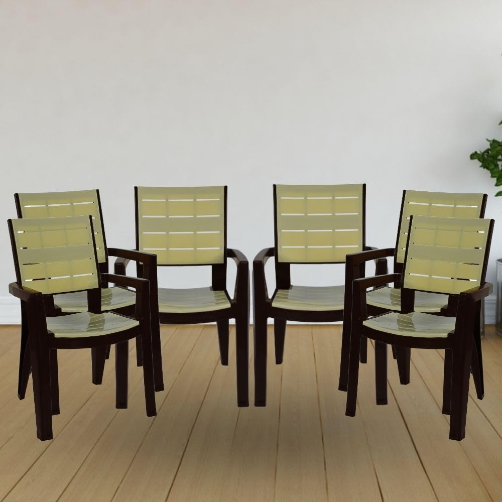 ITALICA Designer Series Comfortable Plastic Arm Chair/Double Insert Stackable Chair for Home, Office/Plastic Chair/Sturdy & Durable Chair/Indoor and Outdoor (Olive Brown & Ivory, Set of 2) 2