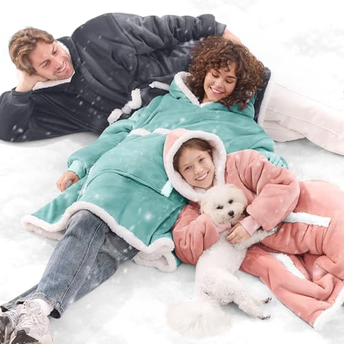 JOYWOO Wearable Blanket Hoodie,Oversized Cat Lovers Sweatshirt Blanket for Adult, Birthday Gifts for Women,Mom,Friend,Cozy Sherpa Hooded Blanket with Giant Pocket and Winter Gifts,Blue Gray Standard