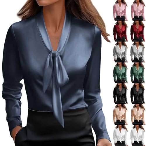 Keepink Long Sleeve Tops for Women UK Satin Tie Neck Blouses V Neck Elegant Shirt Loose Dressy Casual Shirts Collared Business Work Outfits Office Smart Special Occasion Top Formal Wear