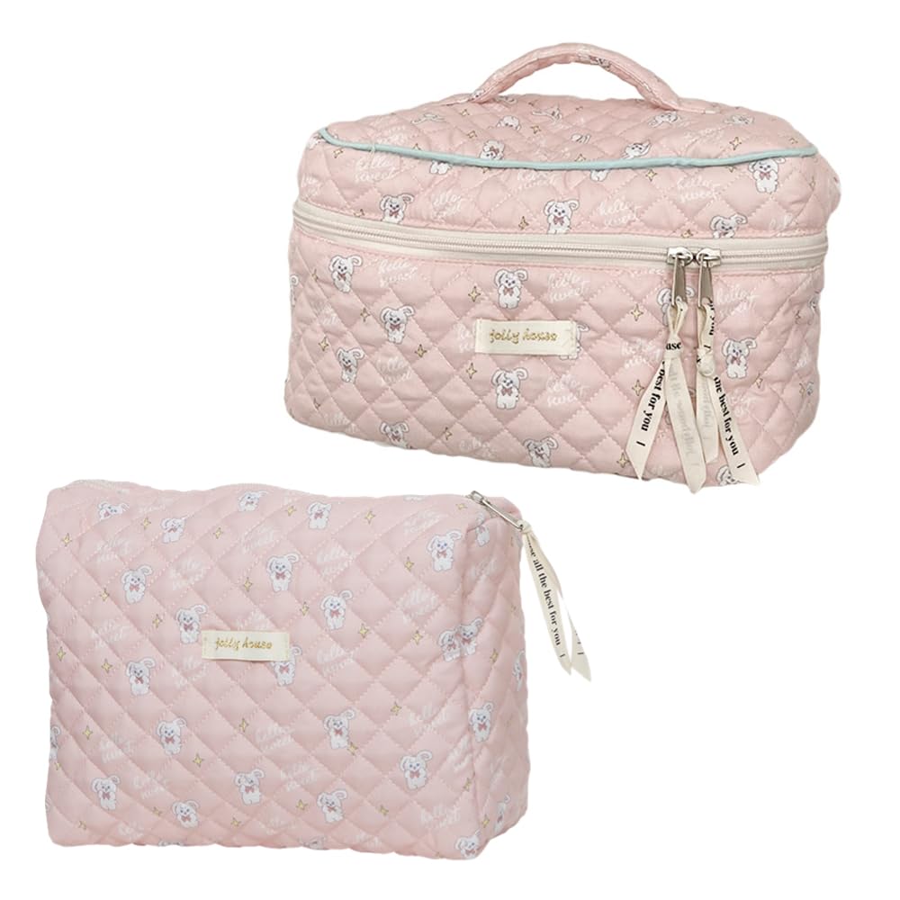 BILIPOPX 2 Pack Kawaii Cute Makeup Bag Aesthetic Travel Quilted Cotton Cosmetic Bag Organizer Toiletry Pouch for Women Teen Girls