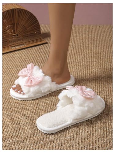 Verdusa Women's 3D Bow Plush Fuzzy Slippers Open Toe Warm Indoor Bride Wedding Slippers4