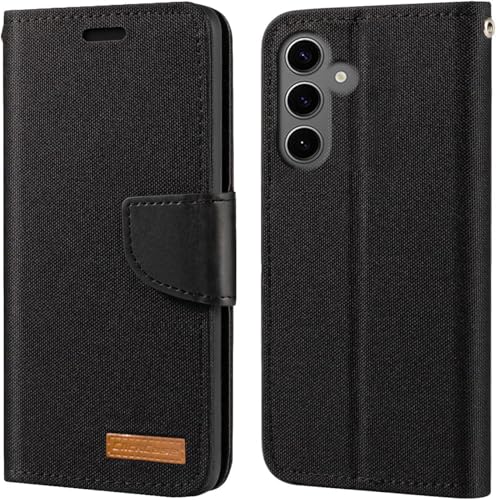 Image of ClickCase Canvas Series for Samsung Galaxy S24 FE 5G Cloth & Pu Leather Wallet Flip Case Kick Stand Magnetic Closure Flip Cover for Samsung Galaxy S24 FE 5G (Black)