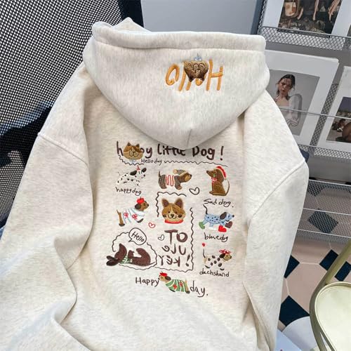Generisch Damen Kapuzenpullover mit besticktem Hundemotiv bequemer Fleece Hoodie lässiger Oversize Schnitt Langarm für Winter Frühling Alltag (White, M)
