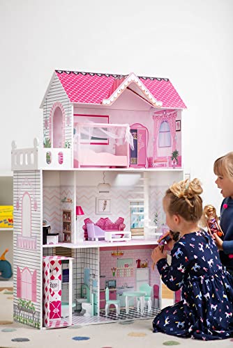 myToys ORIGINALS Puppenhaus mit 13 Möbeln, pink, 5 Zimmer und Treppe, manuell betriebener Aufzug und Balkon, mit 13… – Bild 4
