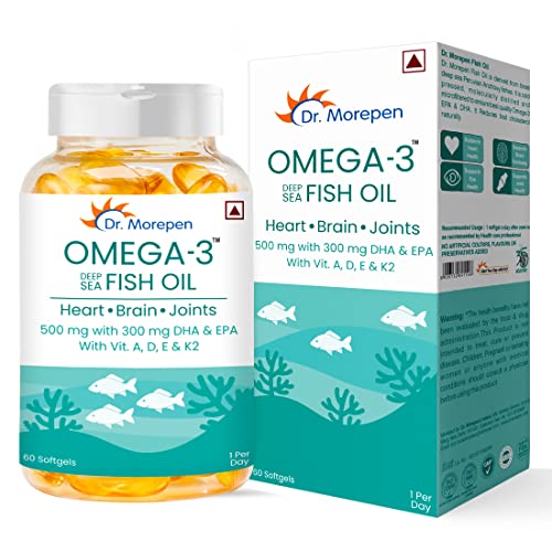 DR. MOREPEN Omega 3 Deep Sea Fish oil for Heart, Brain & Joints, 500mg Omega with 180 mg EPA and 120mg DHA with Vitamin A, D, E & K2 | 60 softgels DR. MOREPEN Omega 3 Deep Sea Fish oil for Heart, Brain & Joints, 500mg Omega with 180 mg EPA and 120mg DHA with Vitamin A, D, E & K2 | 60 softgels