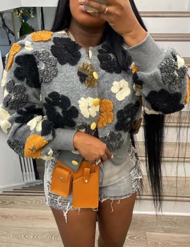 Flygo Women's Cropped Floral Print Bomber Jacket Warm Fleece Varsity Jacket Casual Button Down Puff Sleeve Coat Outerwear3