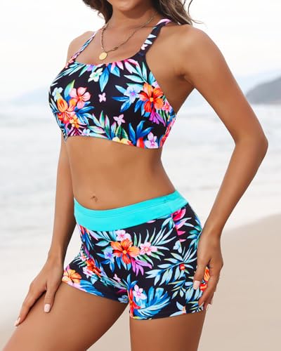 Image of 3 Piece Swimsuits Open Tie Back Tankini Top And Athletic Swim Shorts | Supportive Strappy Swim Bra, Adjustable Straps, Removable Pads, Tummy Control Boyshorts, Quick Dry Fabric, XXS-20 Plus