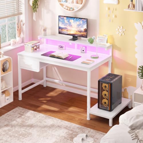 Image of DurayLoly 32 inch Computer Desk with Power Outlet & Fabric Drawer,White