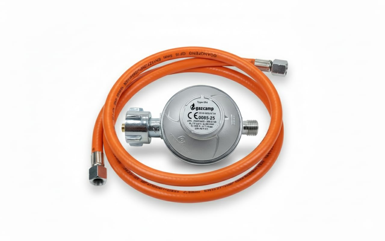 Gazcamp Flexibles Schlauch-Regler Set für Grills, Heizungen & Strahler an 3kg, 5kg, 11kg Propangasflaschen. 80cm Schlauchlänge, 50mbar Druck für optimale Leistung.