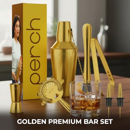 Image of O' Holic by Perch Craft 8-Piece Stainless Steel Bartender Kit|Premium Cocktail Shaker Set with Jigger 30 /60ml, Spoon,Pourer,Ice Tong, & Bar Tools|Professional Bar Set for Home &Tour Parties|Golden