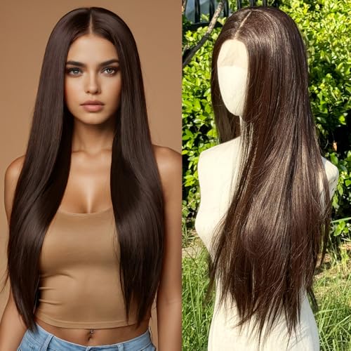WIGNEE 13x4 Synthetic Lace Front Wig Silky Long Straight Wig Pre-Plucked Kanekalon Hair Glueless Lace Front Wigs with Natural Hairline Free Part Lace Front Wig Dark Brown Wigs for Black Women
