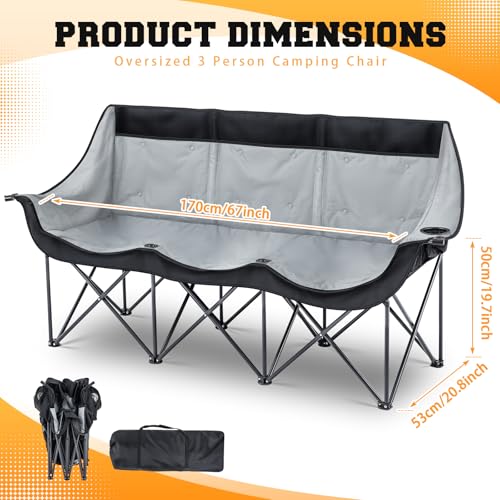 Teenyyou Oversized 2-3 Person Camping Chair Comfortable Outdoor Loveseat Camping Couch with Thick Padded Cushion, Cup Holder, Foldable Portable Sofa for Beach, Camp, Picnics Patio(Black)