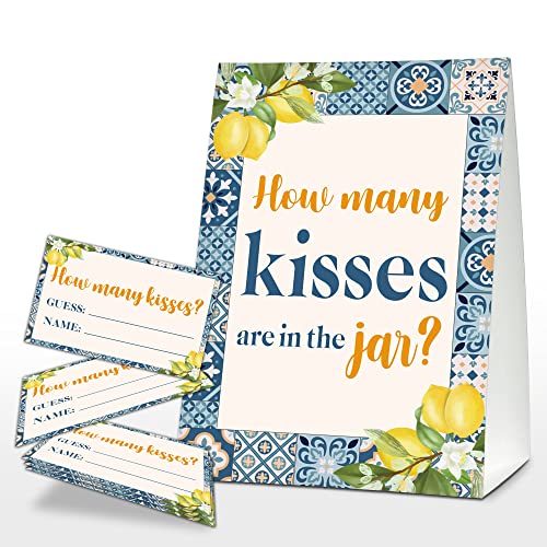 How Many Kisses Are In The Jar Sign, Mediterranean Lemon Bridal Shower Game, Italian Blue Tiles Baby Shower Sign & Tickets, Wedding,(1 Sign + 50 Guessing Cards),01