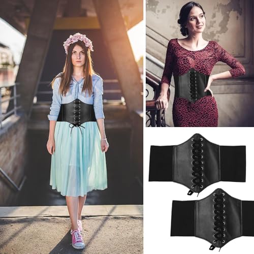 yotutun Lot de 2 corsets pour femme - Ceinture à lacets - Noir - Taille Waspie - Élastique - Large bande - Ceinture rétro pour femme - Ceinture abdominale pour sculpter la taille, Noir , taille unique – vue 3