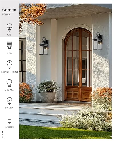 Image of FEMILA Dusk to Dawn Outdoor Wall Sconce, 15 inch Matte Black Seeded Glass Outdoor Sconce Lights, Front Porch Light Fixtures Wall Mount, Garage Lights for Patio, Entryway, Garden, 4FD54B-PC BK